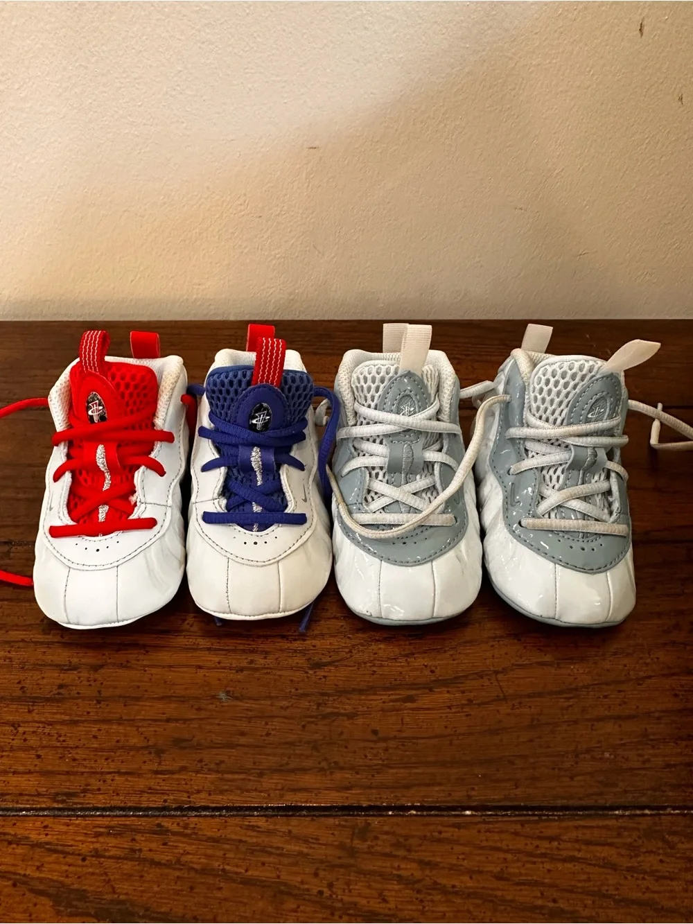 Nike Lil' Posite One Foamposite Infant Shoe Sz 4c Red Blue And Pearl Grey